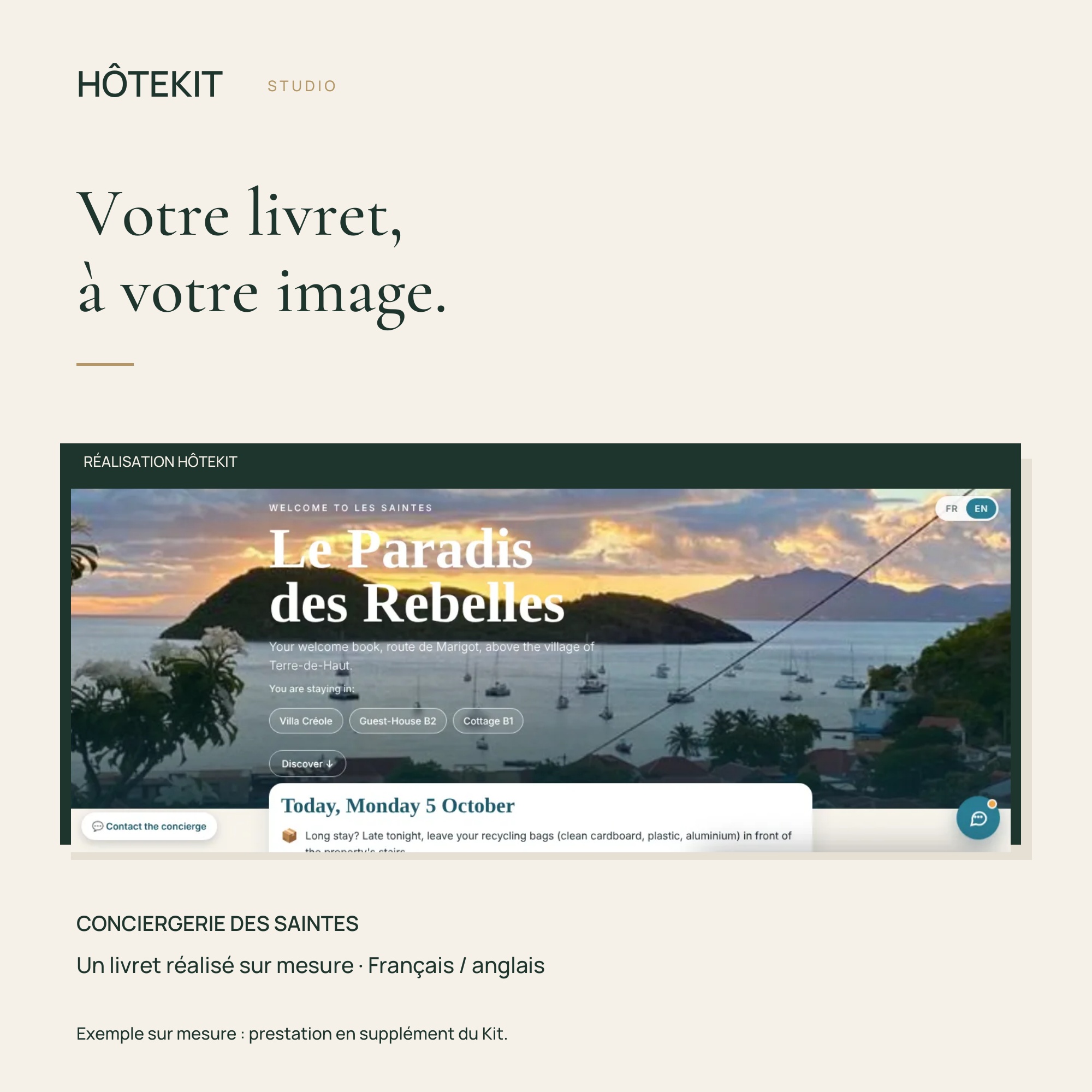 Réalisation HôteKit : le livret d’accueil de la Conciergerie des Saintes, exemple de prestation sur mesure