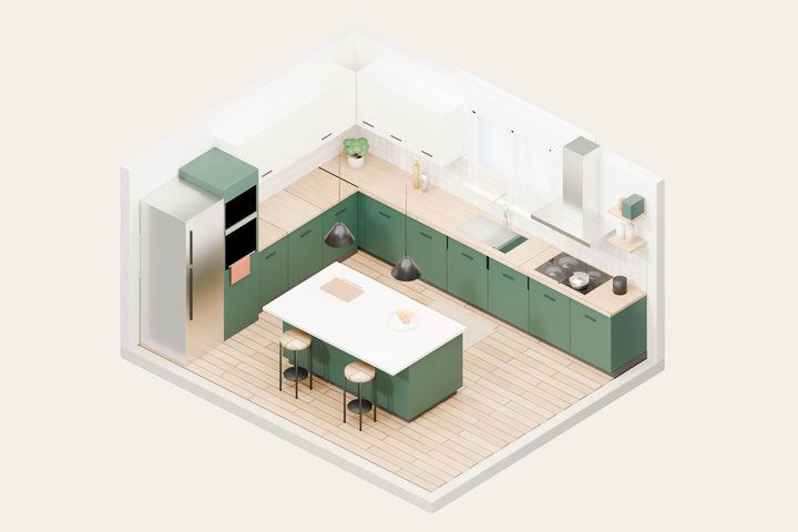 Plan de cuisine 3D, exemple réalisé pour le portfolio HôteKit