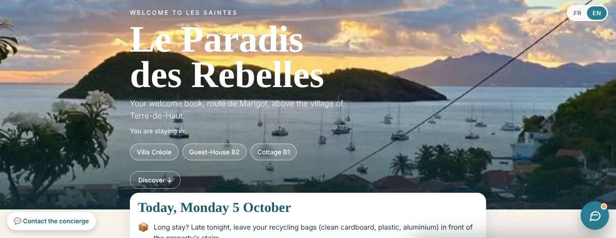 Livret d'accueil en ligne du Paradis des Rebelles, aux Saintes