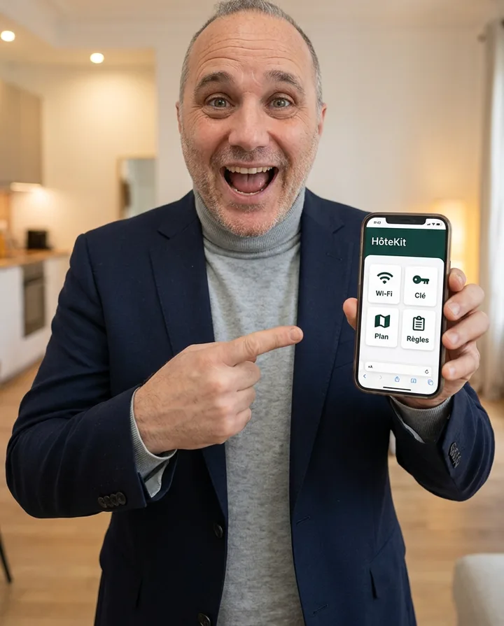 Nicolas shows the HôteKit guidebook on a phone: Wi-Fi, key, map, rules